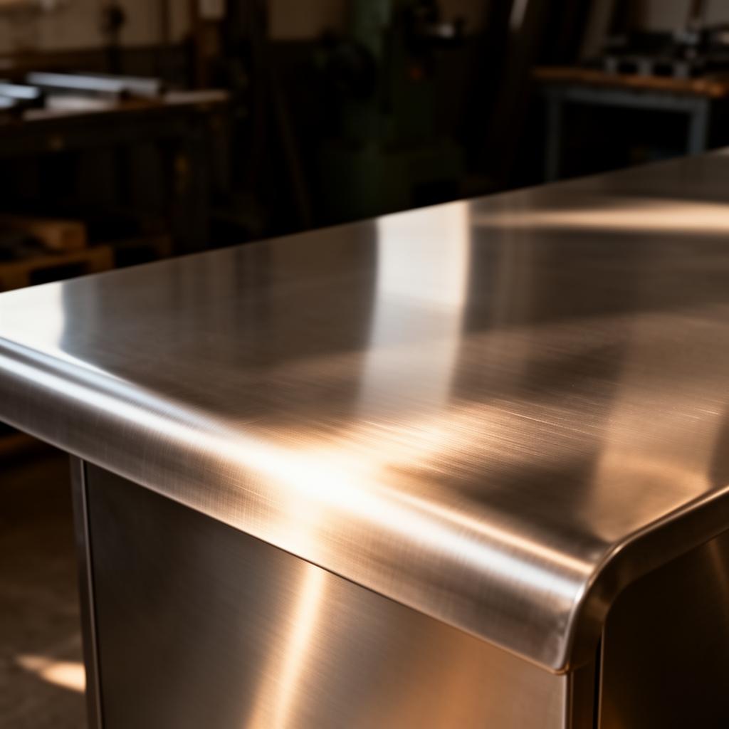 Close-up of a flawless brushed stainless steel benchtop fabricated by Reynolds Engineering