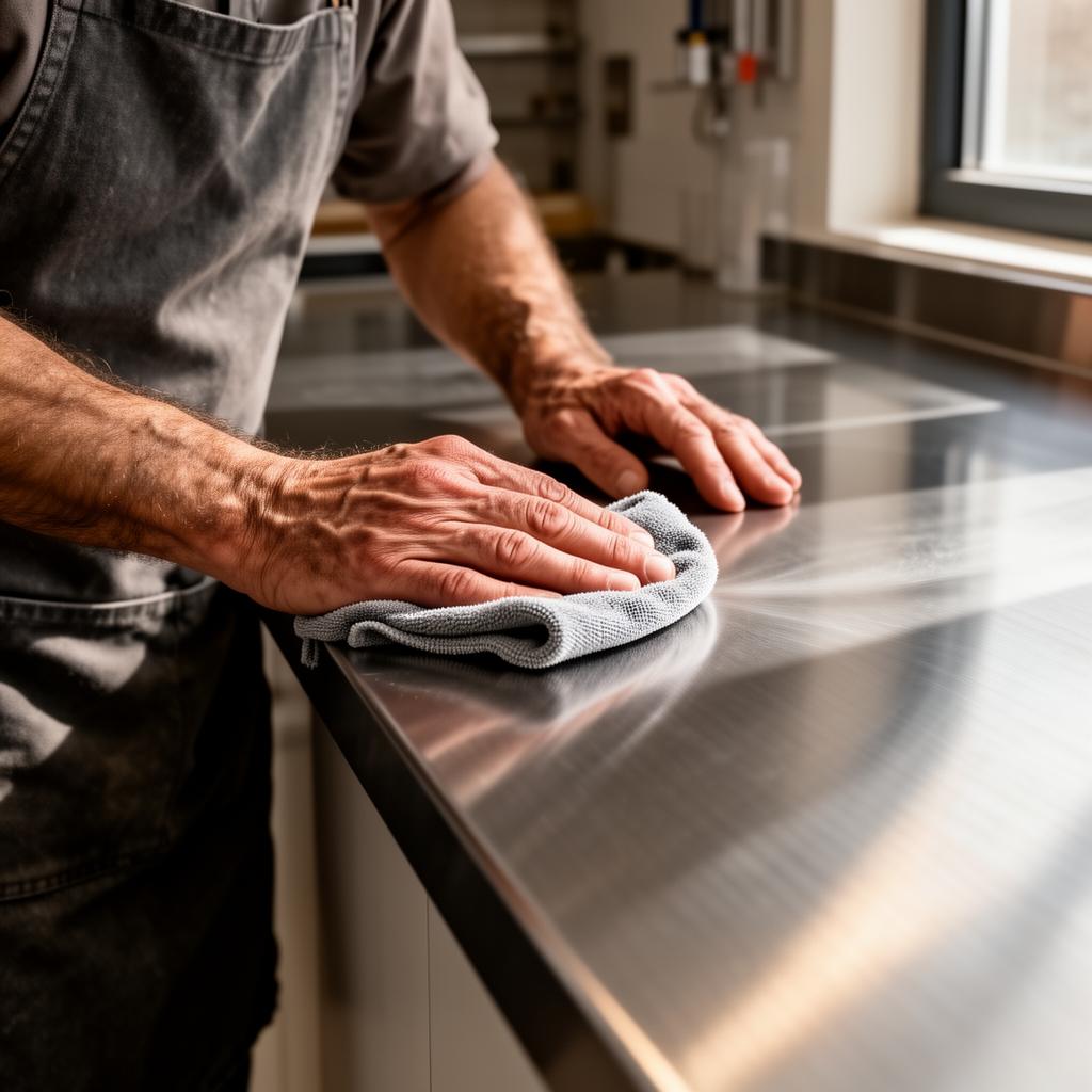 Craftsman's hands finishing a brushed stainless steel benchtop in the Reynolds Engineering workshop